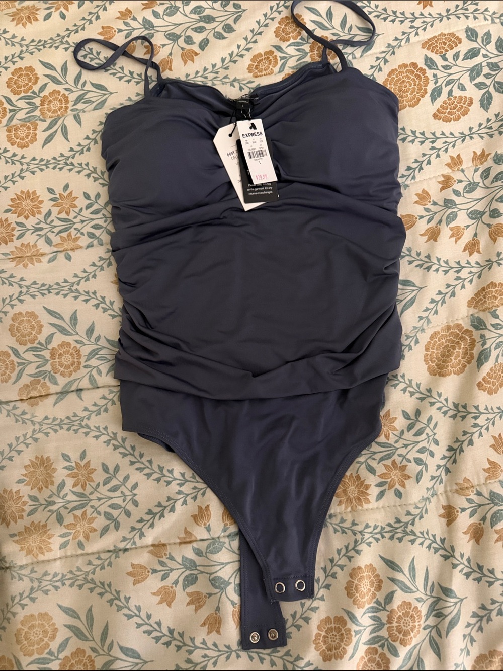 Express Slate Blue Ruched One-Piece Swimsuit